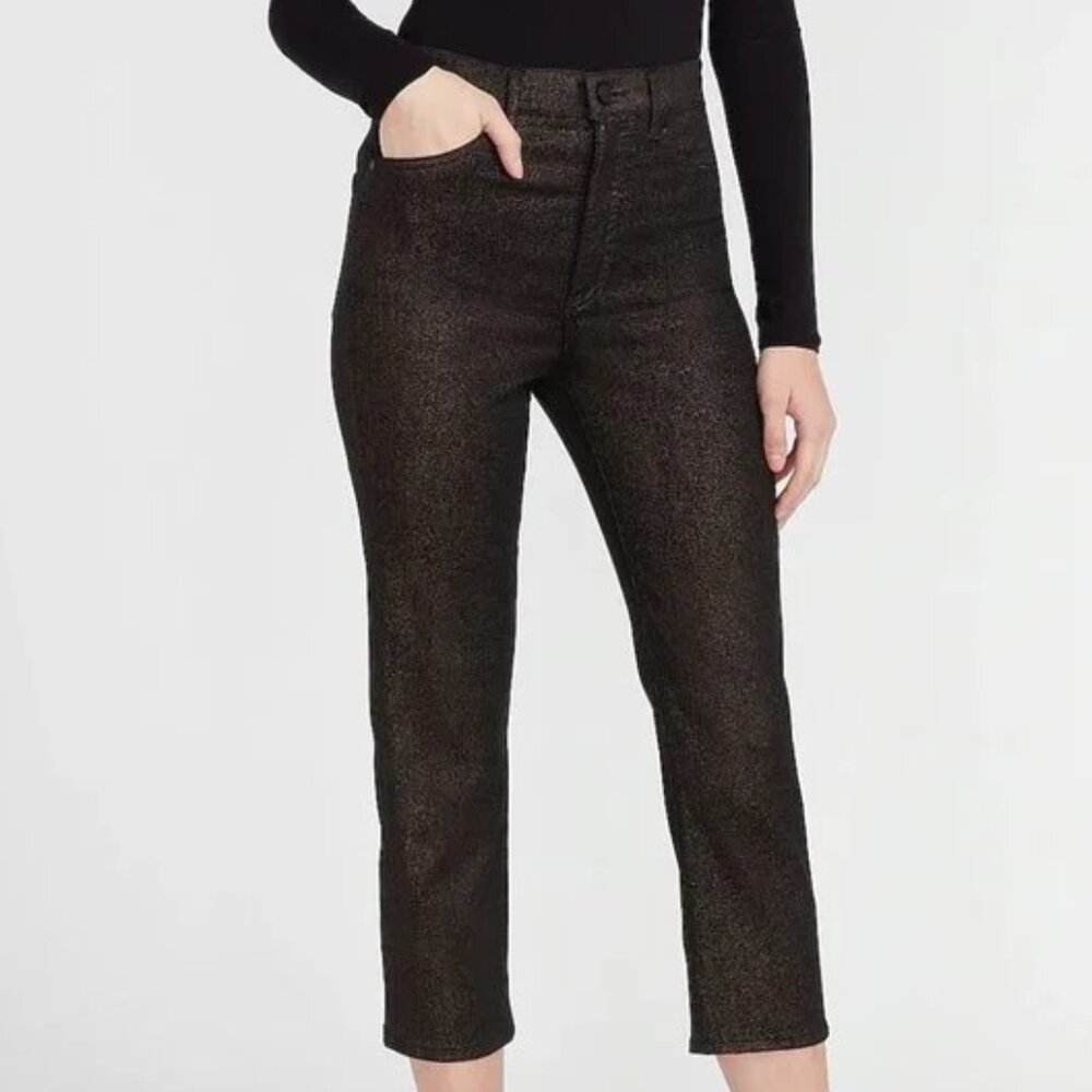 Express Black/Gold Super High Rise Metallic Stretch Straight Cropped Jeans SZ 6